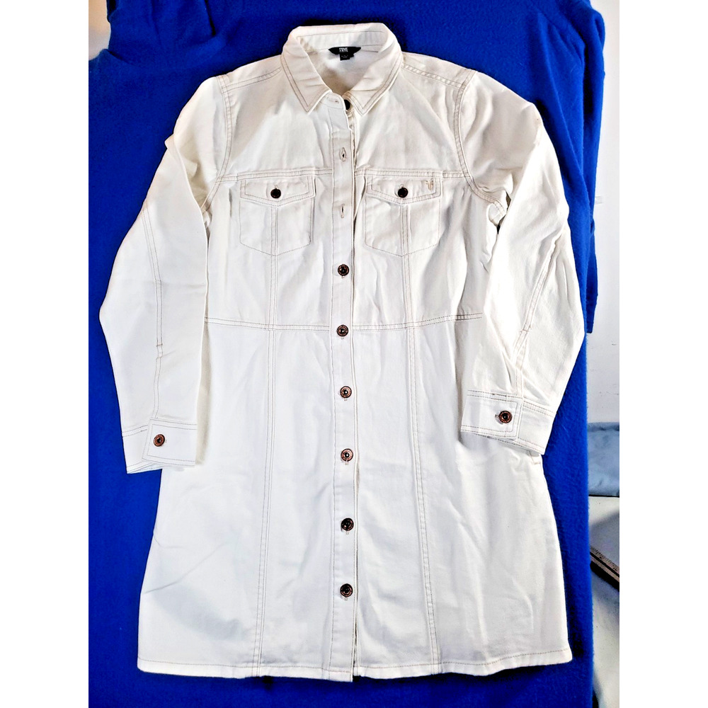 Frye Shirt Dress Women's Large White Denim Long Sleeve ButtonFront Tunic Pockets